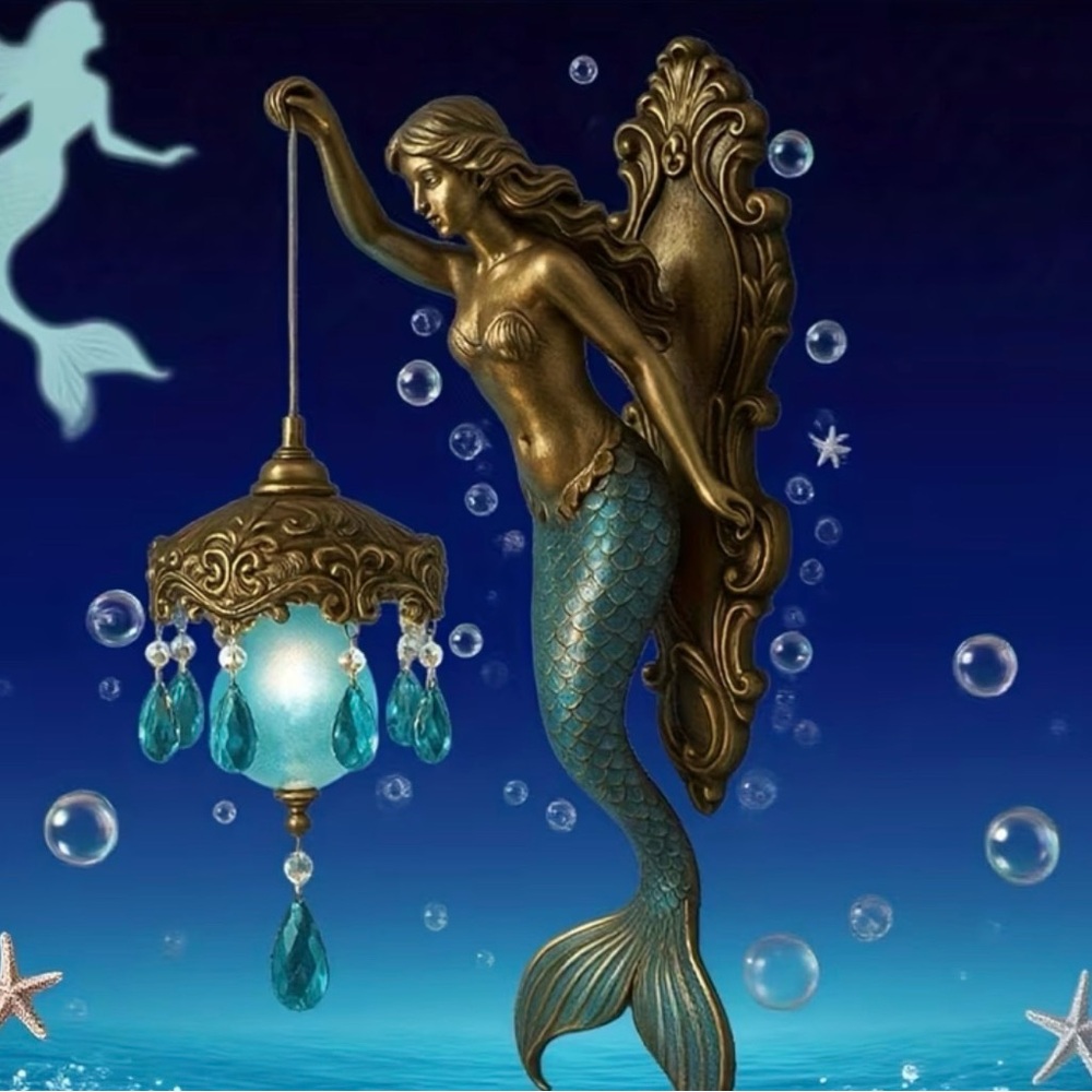 Brass Mermaid Wall Sconce with Teal Glass Drops